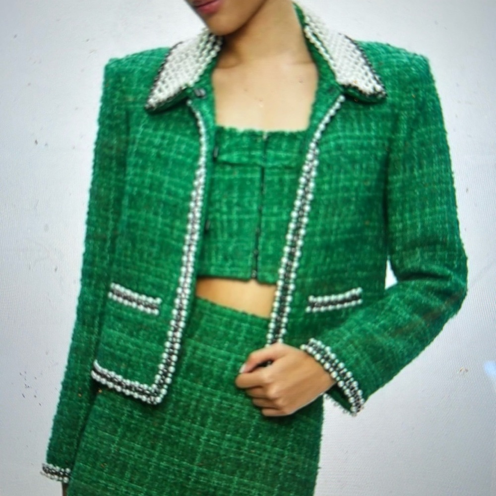 ***ISO***Alice + Olivia Green Kidman Pearl Tweed Embellished Collar Jacket Med